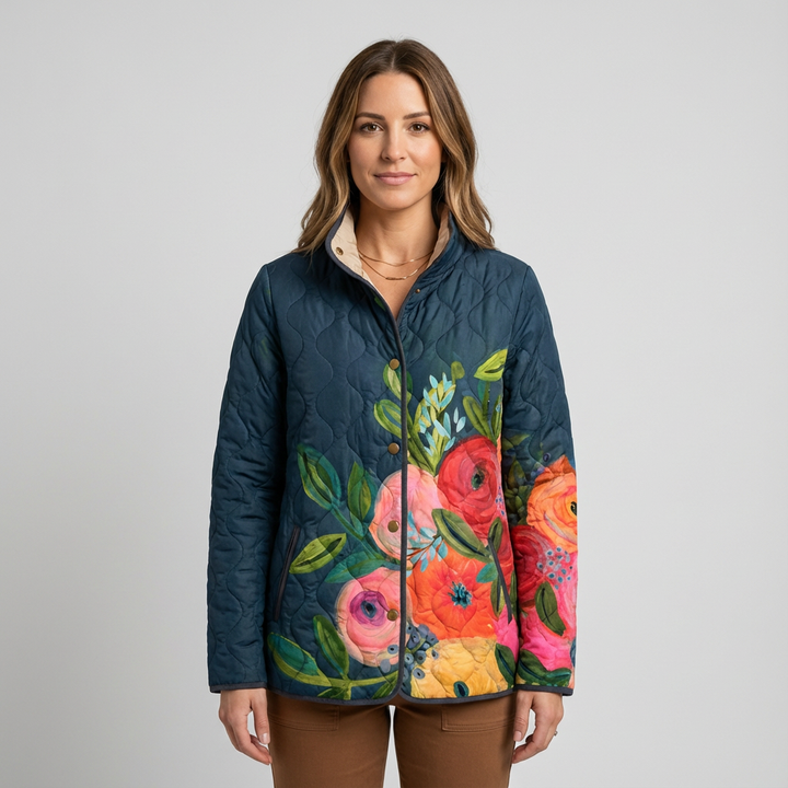 Women's Navy Floral Bloom Quilted Jacket