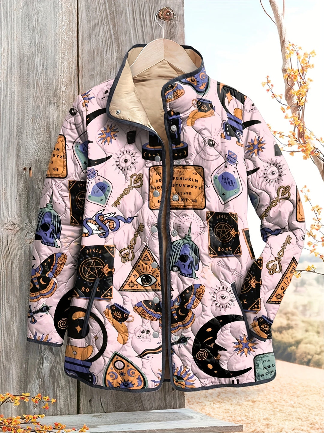 Women's Mystic Symbols Print Quilted Jacket